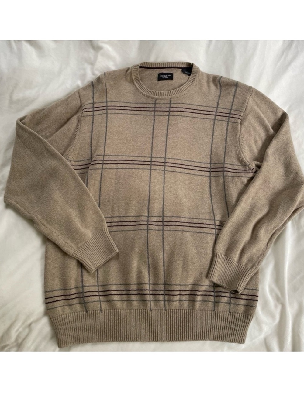 Haggar Tan Plaid Sweater Mens Large Crewneck